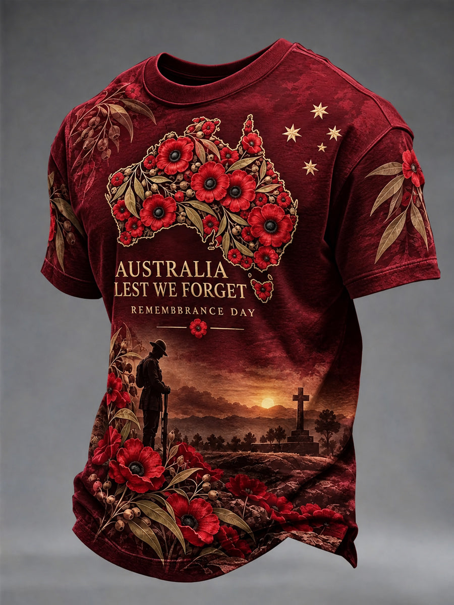 Men's Lest We Forget Australian Remembrance Day Print Short Sleeve T-shirt