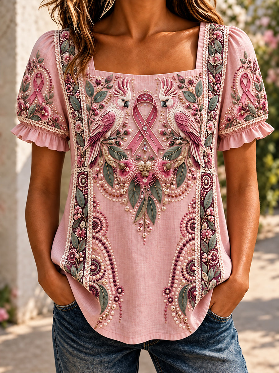 Women's Australian Breast Cancer Awareness Floral Print Short-Sleeved T-Shirt