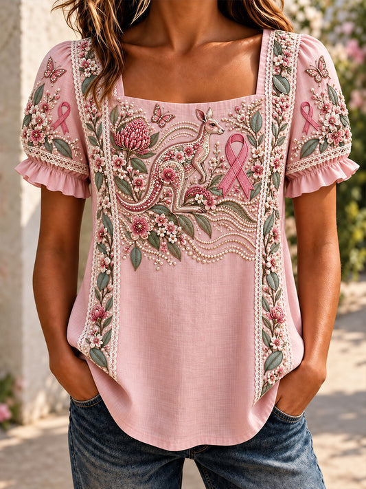 Women's Australian Breast Cancer Awareness Floral Print Short-Sleeved T-Shirt