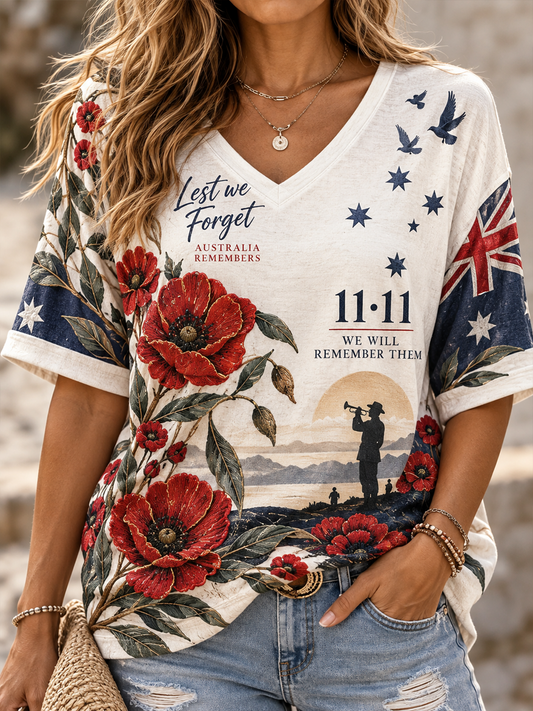 Women's Remembrance Day Linen Short-Sleeved T-Shirt