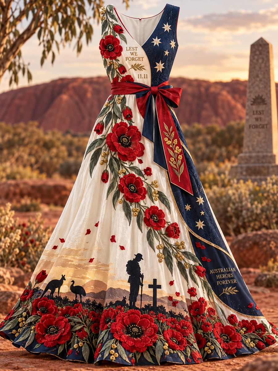 Women's Remembrance Day V Neck Vintage Maxi Dress