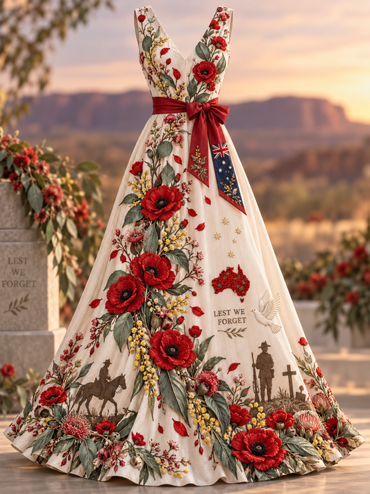 Women's Remembrance Day V Neck Vintage Maxi Dress
