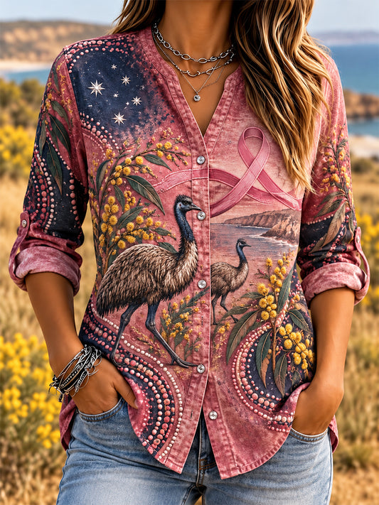 Women's Breast Cancer Awareness Long-Sleeve Cotton-Linen Blouse