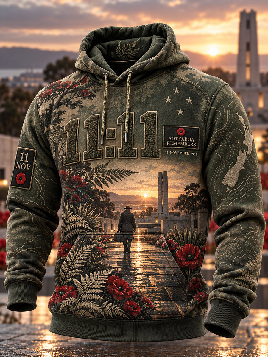 Men's New Zealand Veterans Remembrance Day  Oversized Drop-Shoulder Hoodie with Pockets