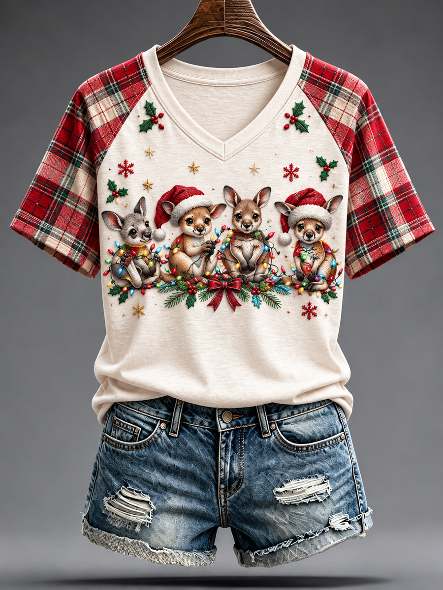Women's Australian Christmas printed V-neck off-shoulder short-sleeved T-shirt
