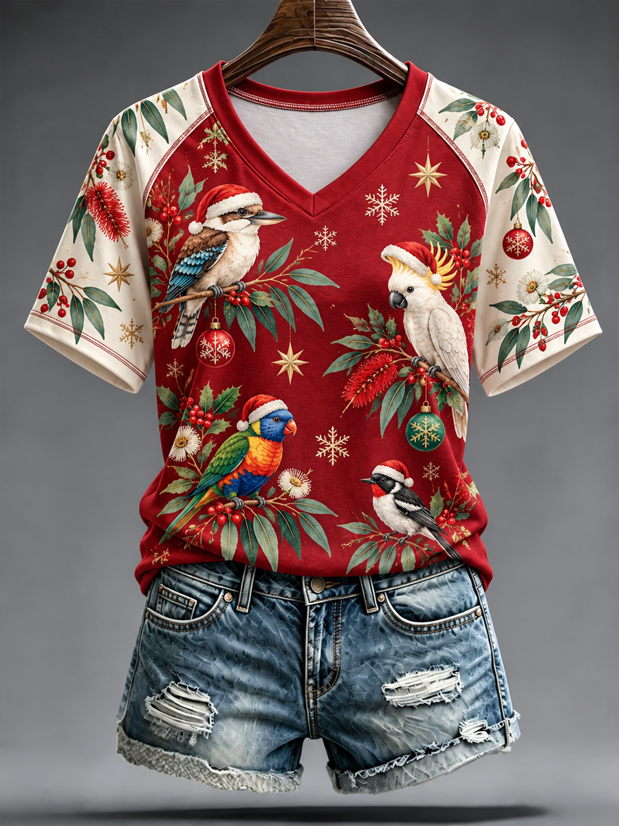 Women's Australian Christmas printed V-neck off-shoulder short-sleeved T-shirt