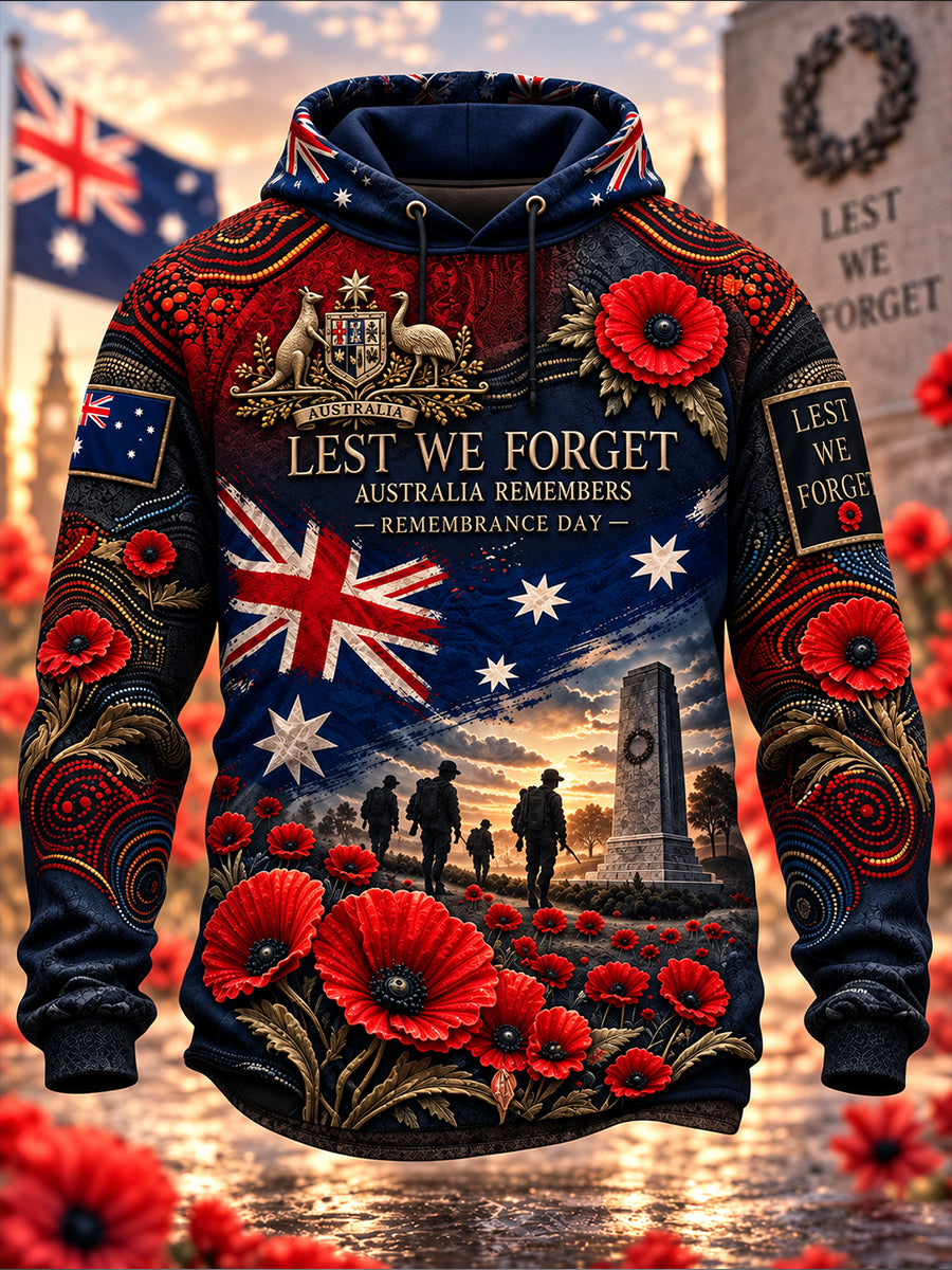 Men's Australia Veterans Remembrance Day  Oversized Drop-Shoulder Hoodie with Pockets