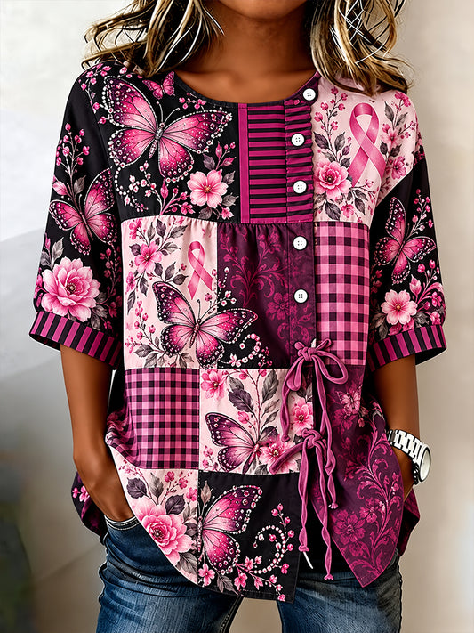 Women's Breast Cancer Awareness In Cotton-Linen Shirt