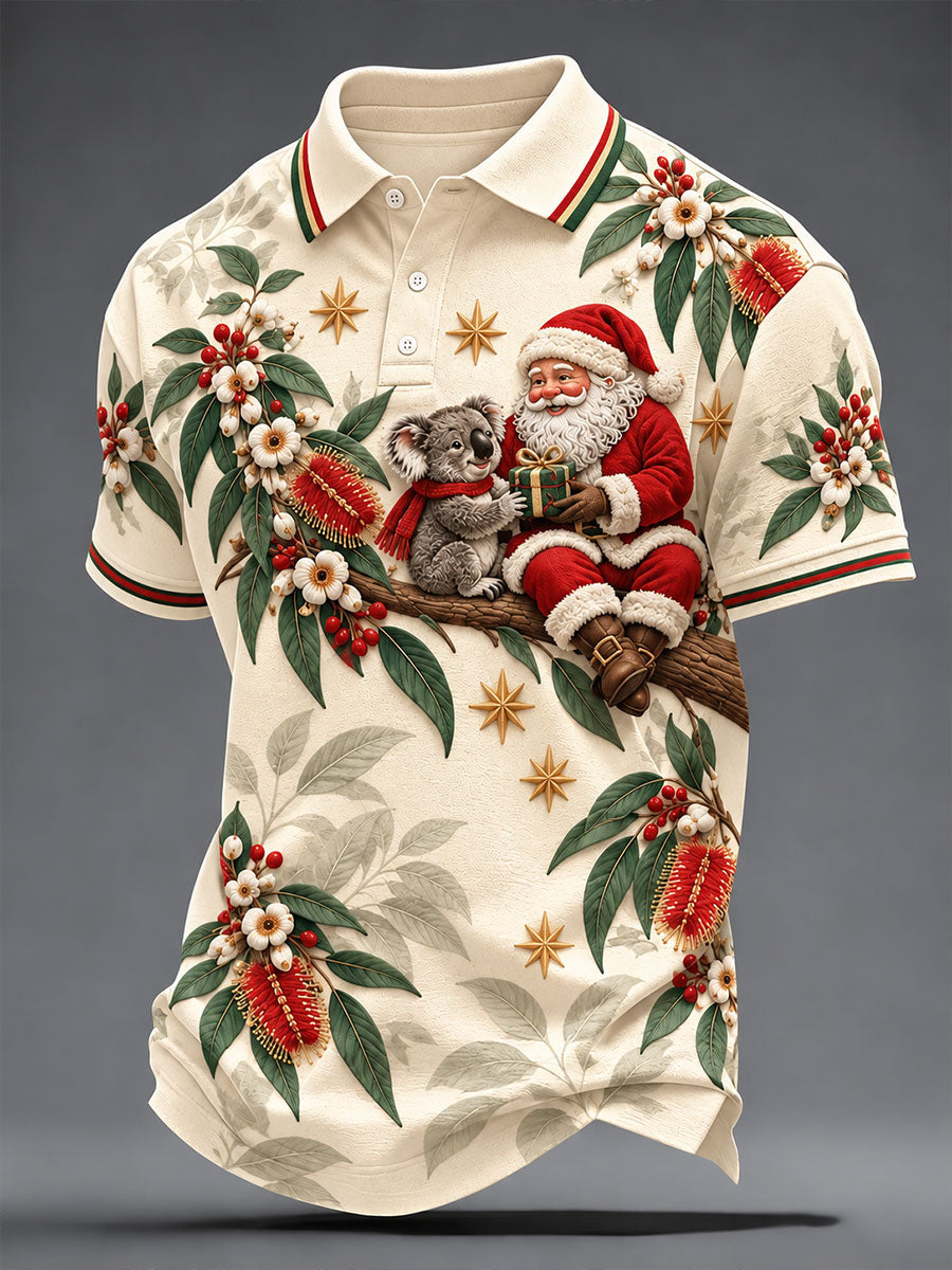 Men's Koala and Santa Claus Australia Christmas Print Casual Polo Shirt
