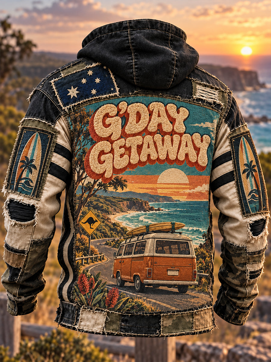 Men’s Vintage Australian Art-Print Casual Hooded Sweatshirt