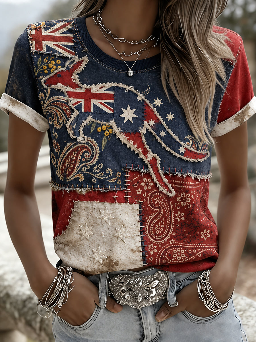 Women's Vintage Australian Art-Print Casual T-Shirt