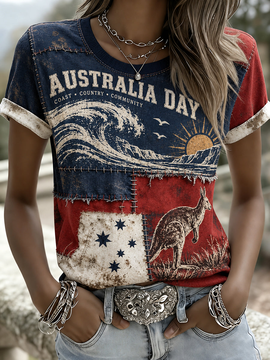Women's Vintage Australian Art-Print Casual T-Shirt