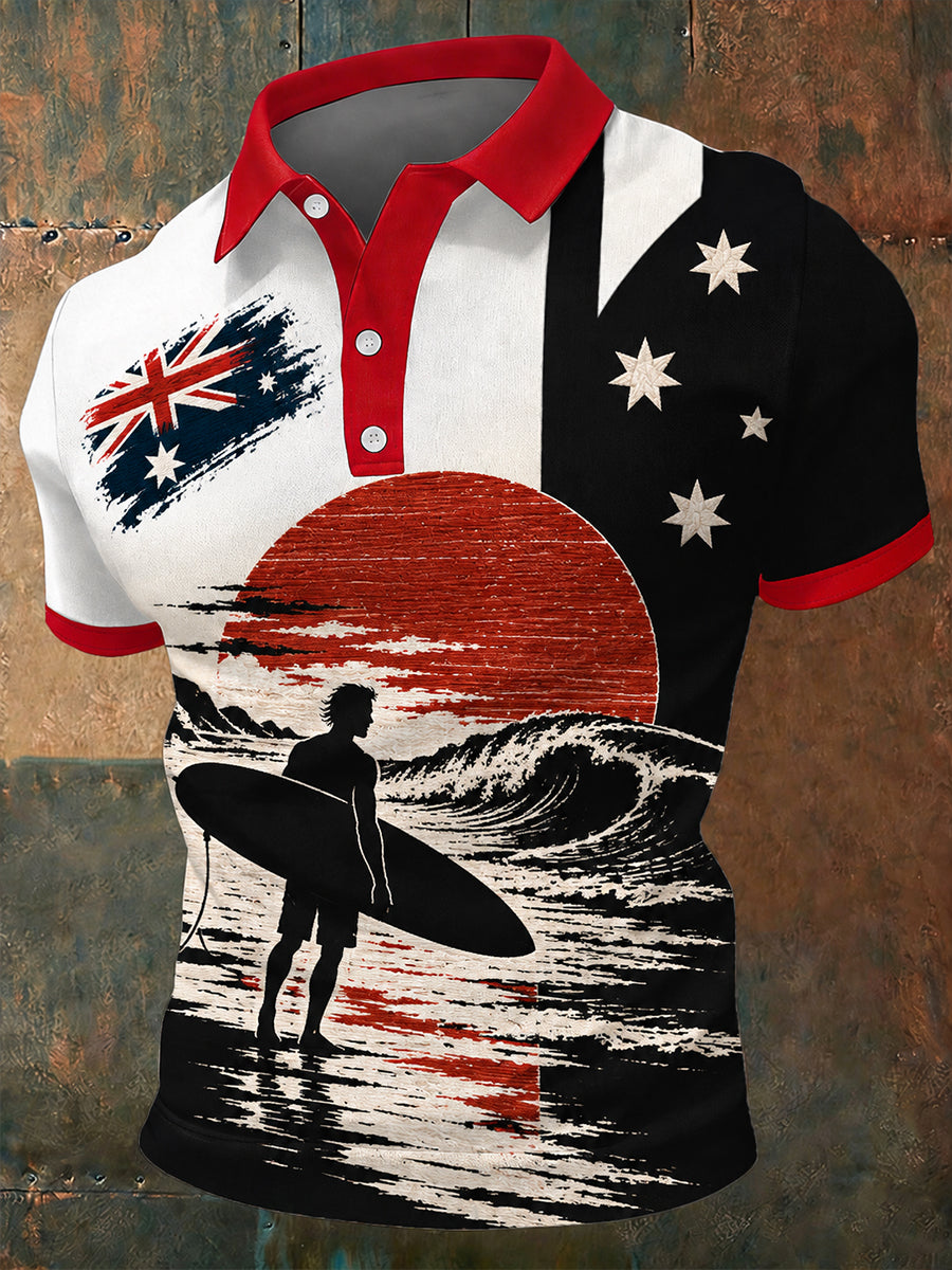 Men’s Vintage Australian Art-Print Casual Polo Shirt