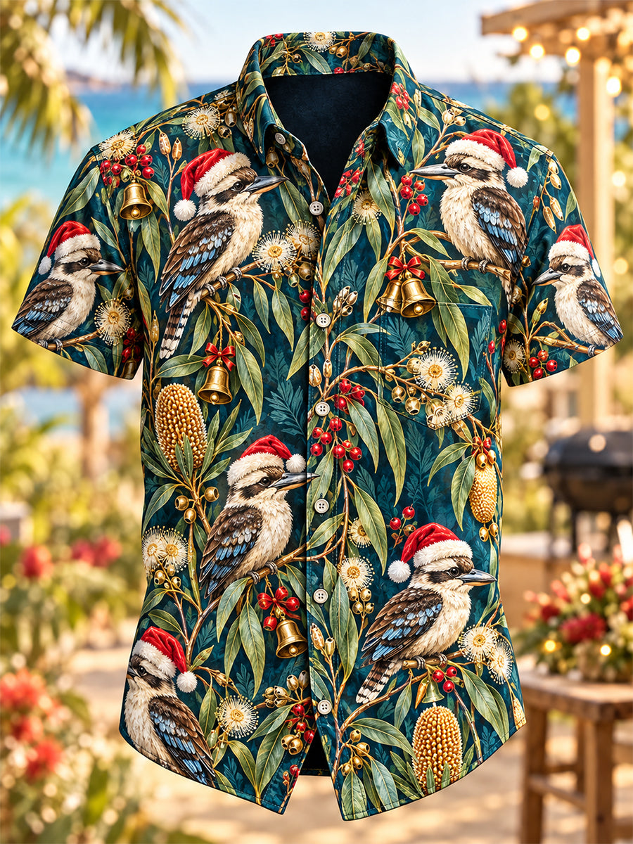 Men's Retro Australian Christmas Short-Sleeve Cotton-Linen Shirt