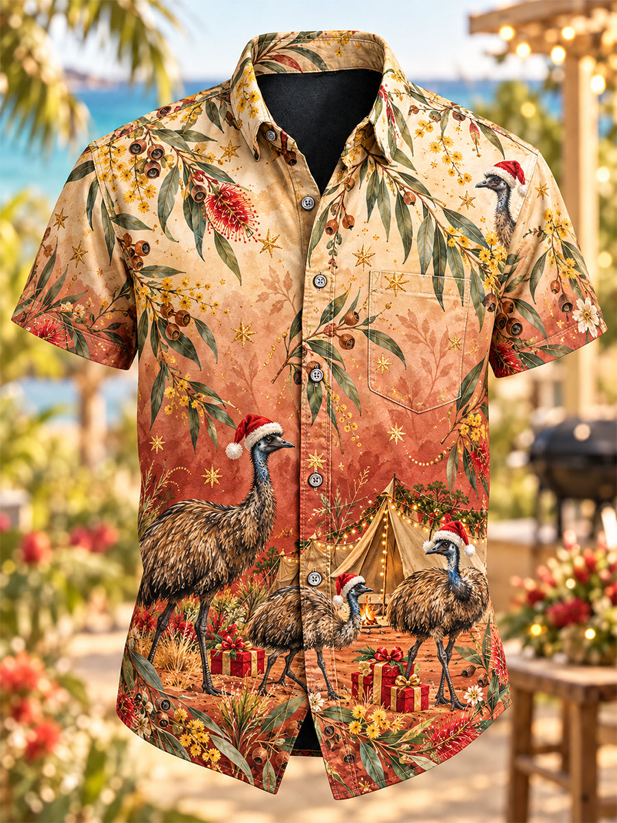 Men's Retro Australian Christmas Short-Sleeve Cotton-Linen Shirt