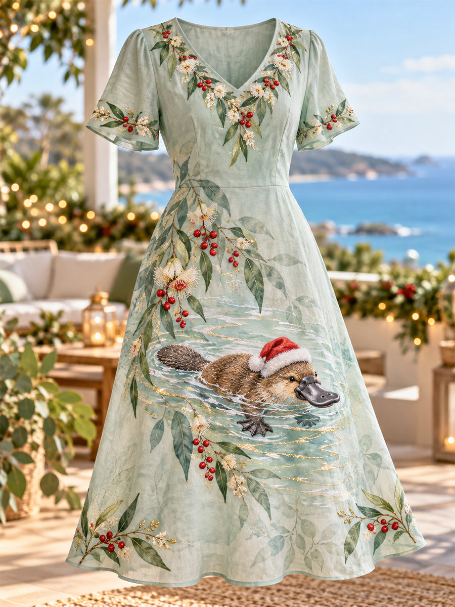 Women's Retro Australian Christmas Cotton-Linen Dress