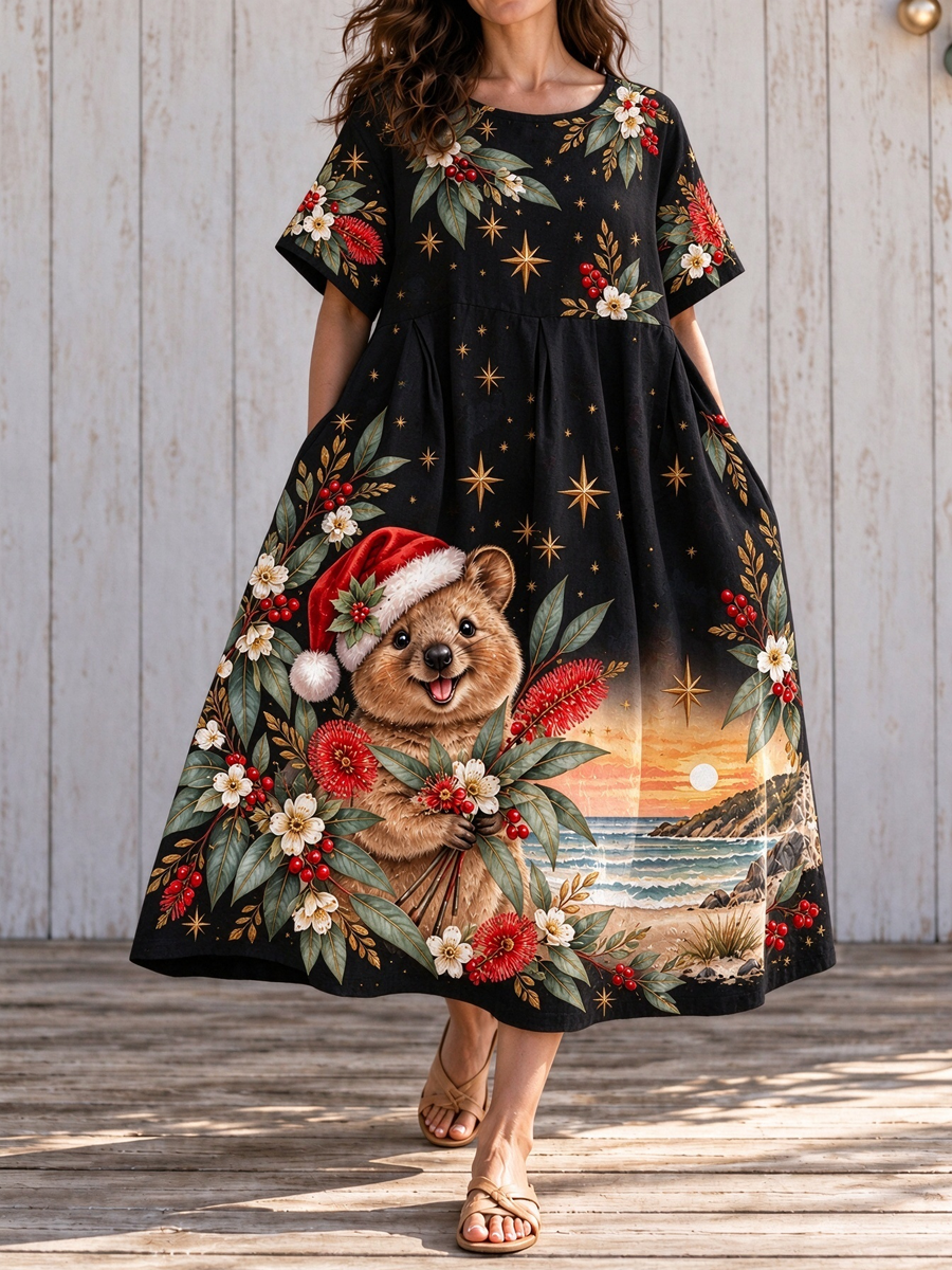 Women's Australian Christmas printed Short Sleeve Dresses