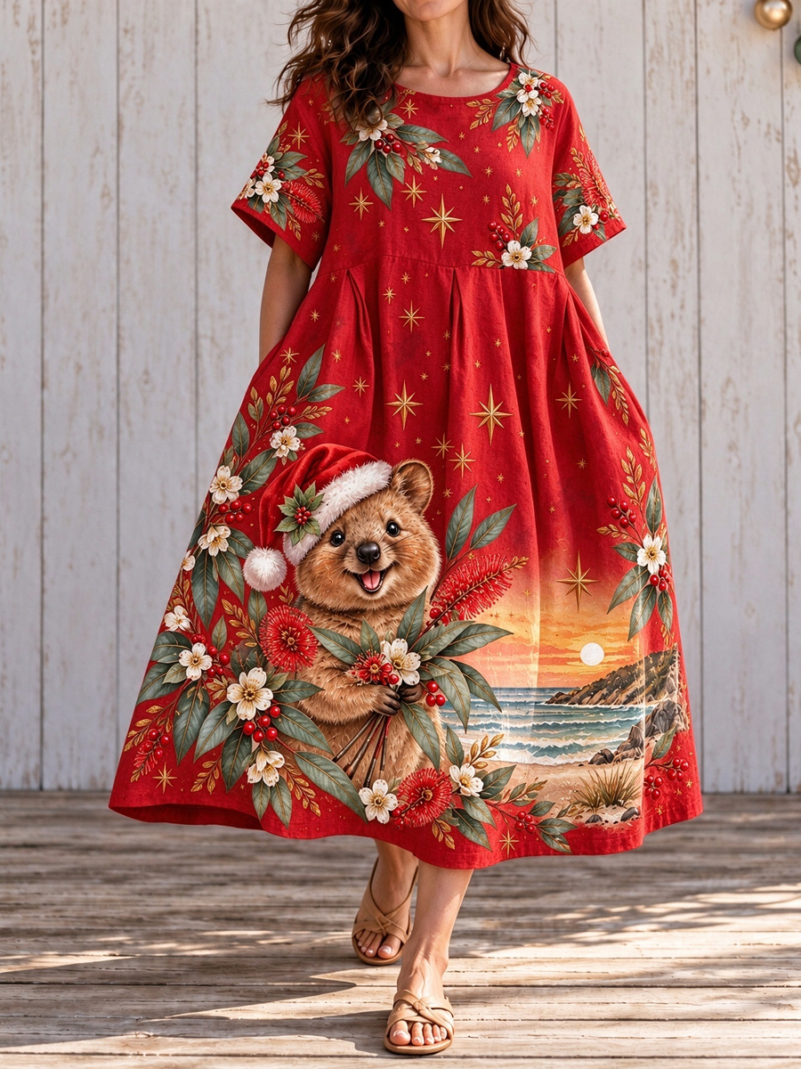 Women's Australian Christmas printed Short Sleeve Dresses