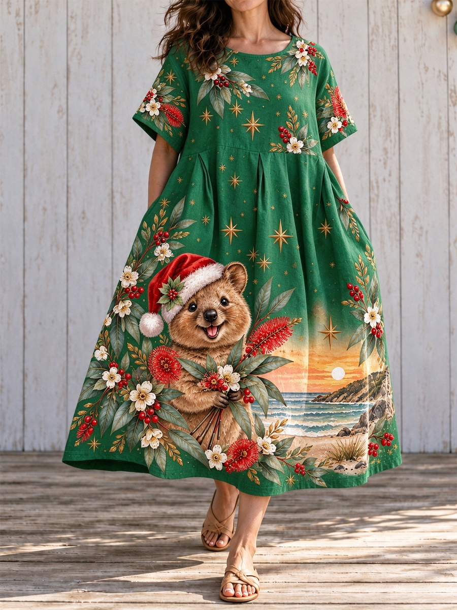 Women's Australian Christmas printed Short Sleeve Dresses