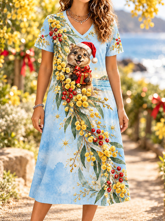 Women's Retro Australian Christmas V-Neck Midi Dress