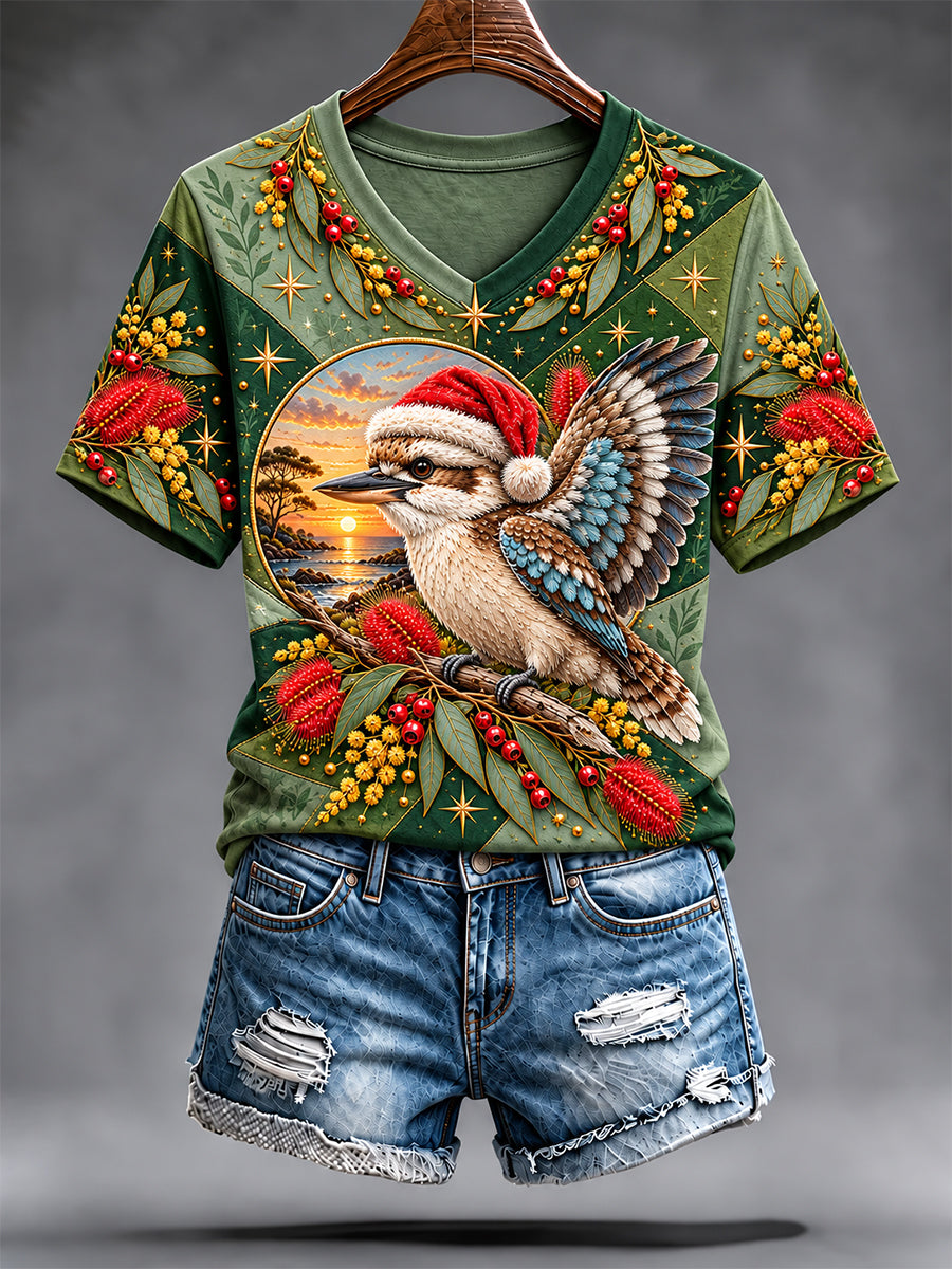 Women's Retro Australian Christmas V-Neck Short-Sleeve T-Shirt