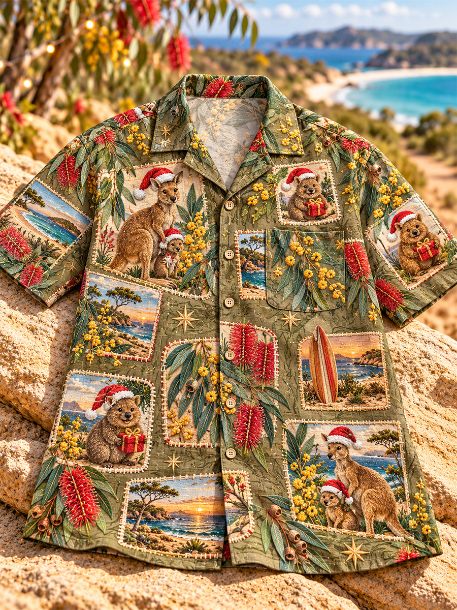 Men's Retro Australian Christmas Cotton-Linen Short-Sleeve Shirt