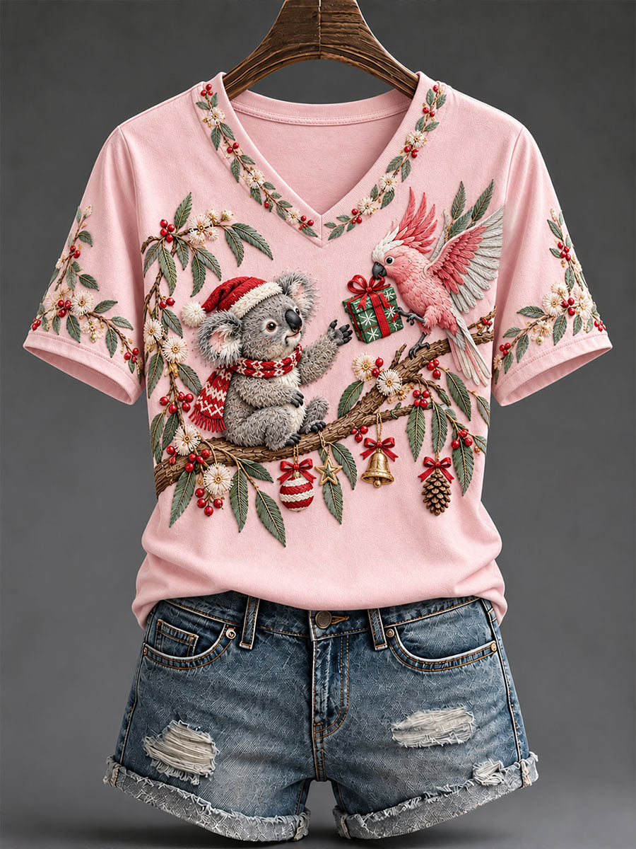 Women's Koala and Cockatoo Australian Christmas Print Casual T-Shirt