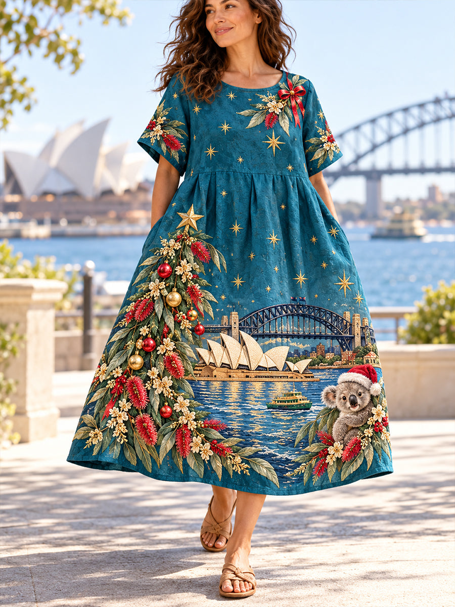 Women's Christmas In Australia Art Printed Linen Dress