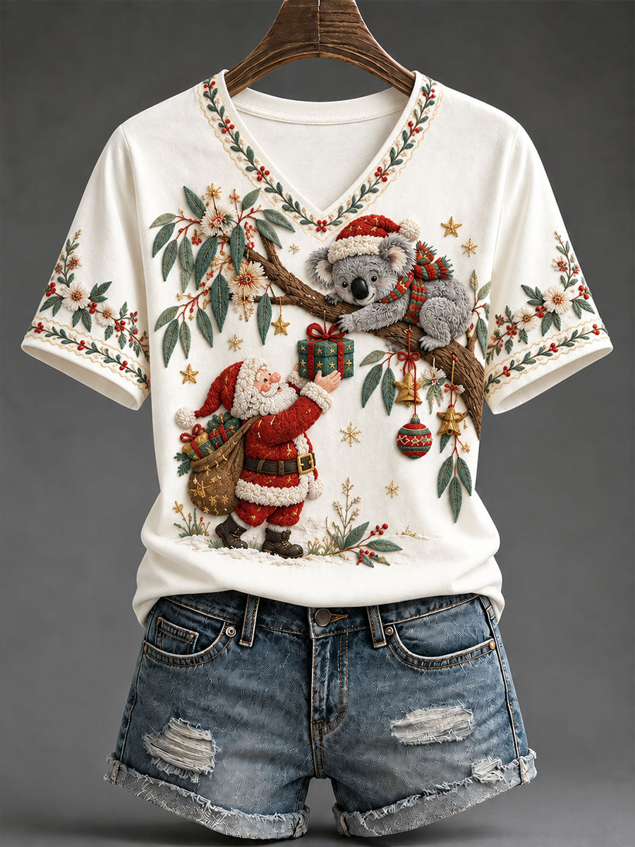 Women's Koala and Santa Claus Australian Christmas-Themed Casual T-Shirt