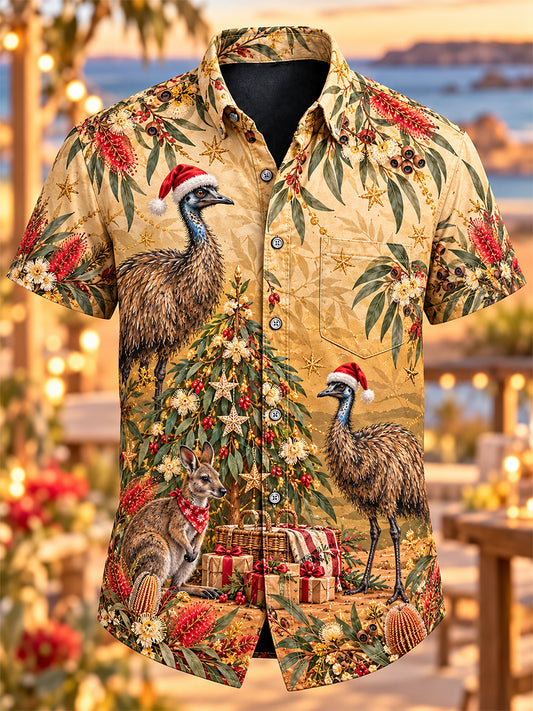 Men's Retro Australian Christmas Short-Sleeve Cotton-Linen Shirt