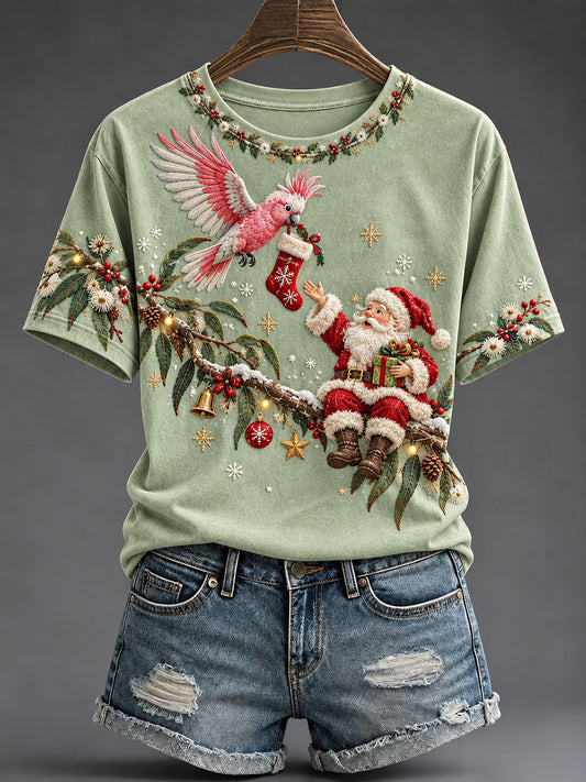 Women's Galah Cockatoo and Santa Claus – Australian Christmas-Themed Casual T-Shirt