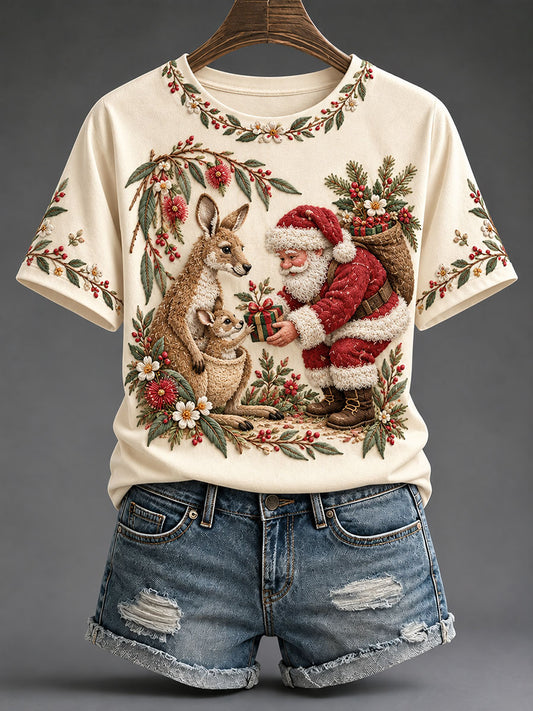Women's Kangaroo and Santa Claus Australian Christmas-Themed Casual T-Shirt