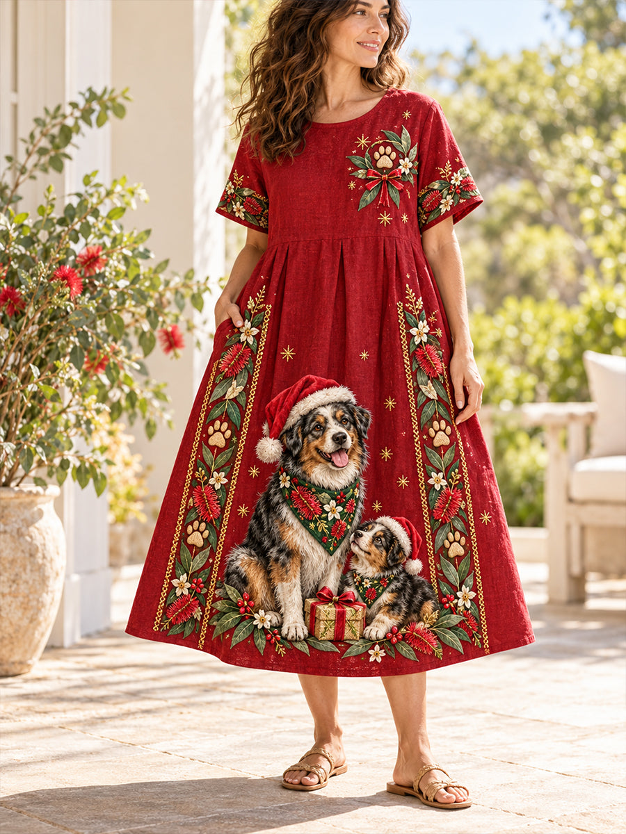 Women's Australian Christmas Art Printed Linen Dress