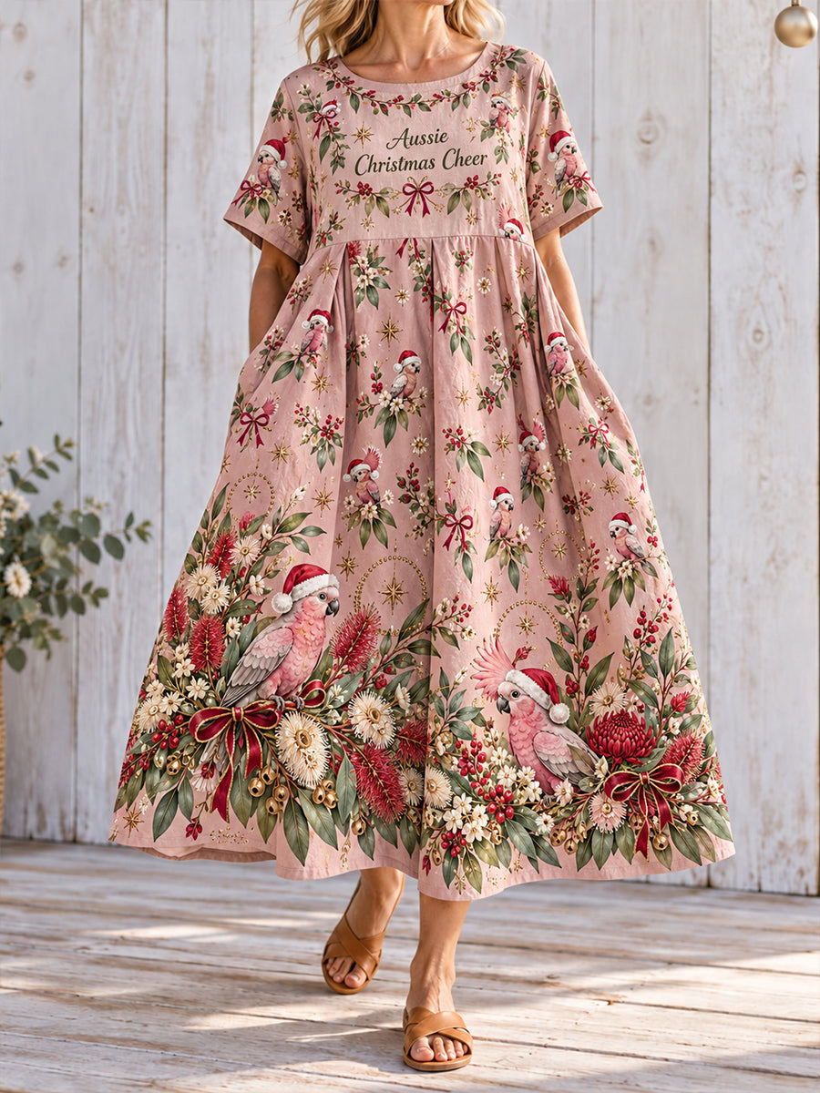 Women's Australian Christmas Art Printed Linen Dress