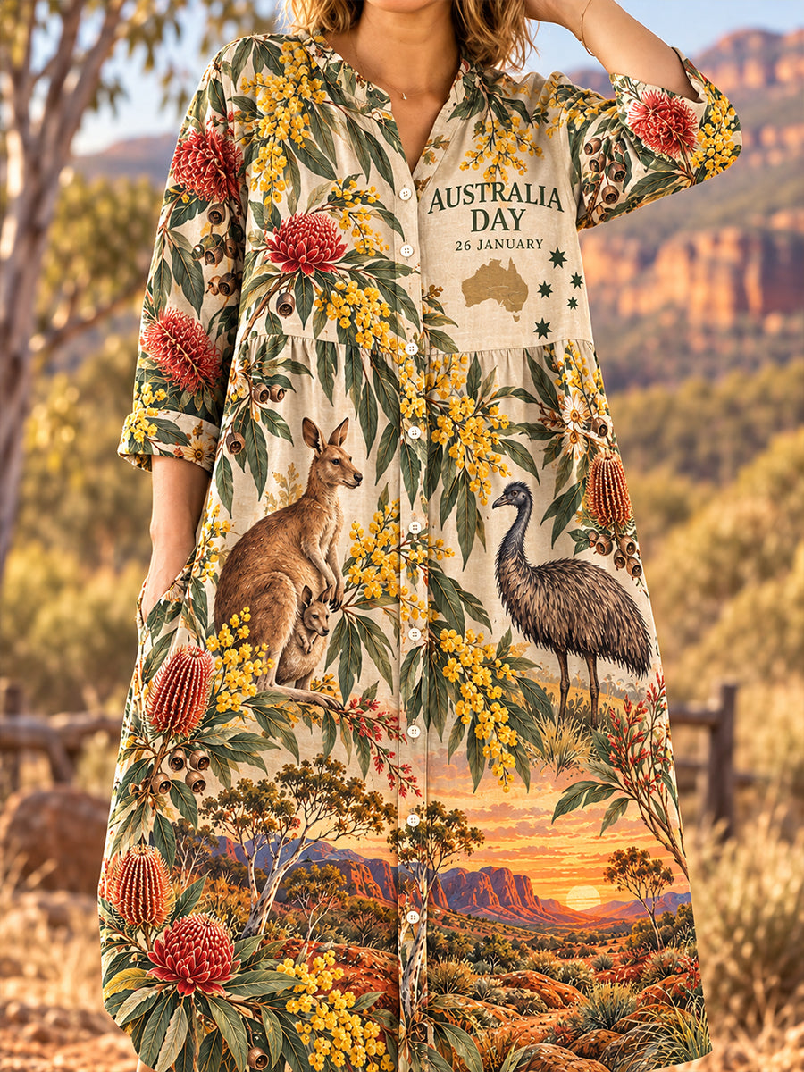 Women's Australia Day  Art Print Casual Cotton-Linen Dress