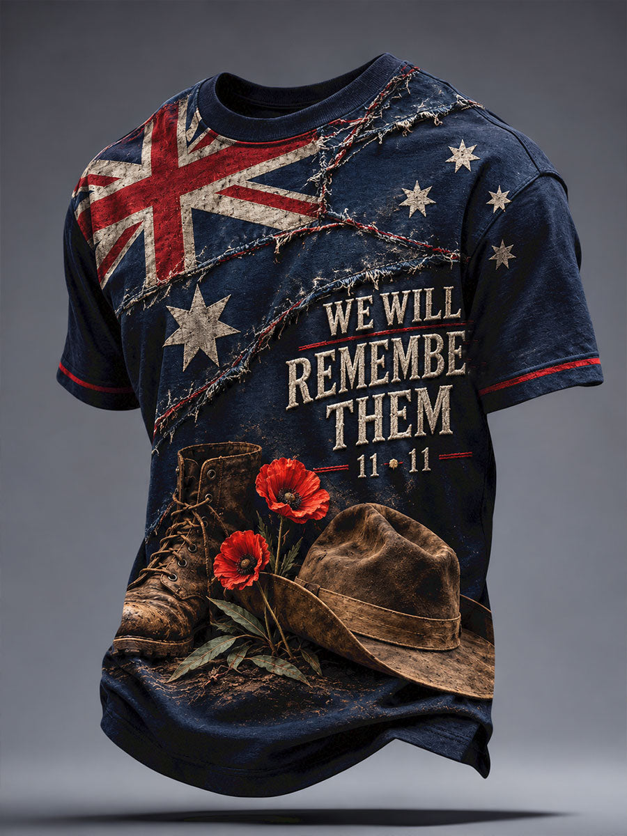 Men's AU veteran Remebrance Day Lest We Forget Art Printed T-shirt