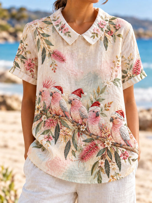 Women's Christmas in Printed Cotton-Linen Shirt