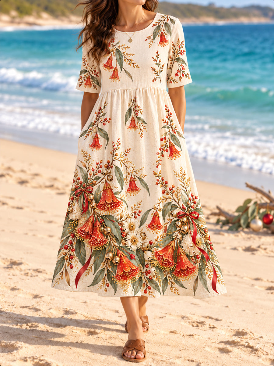 Women's Australian Christmas Art Printed Linen Dress