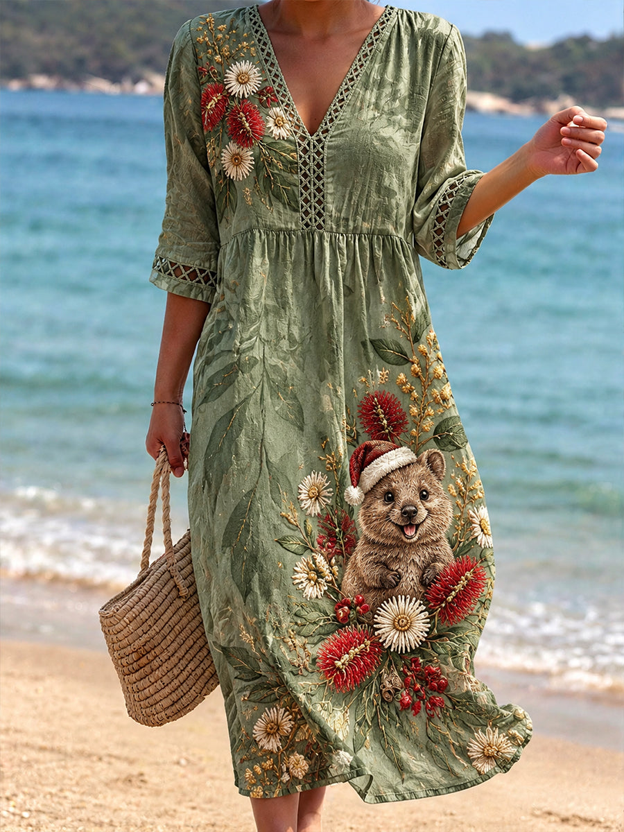 Women's Christmas In Australia  V-Neck Openwork Shirt Dress