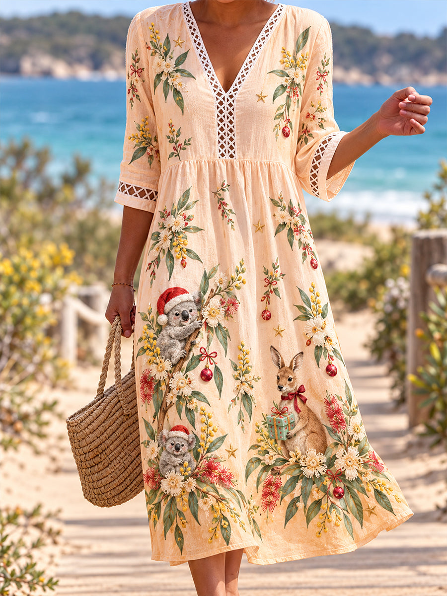 Women's Christmas In Australia  V-Neck Openwork Shirt Dress