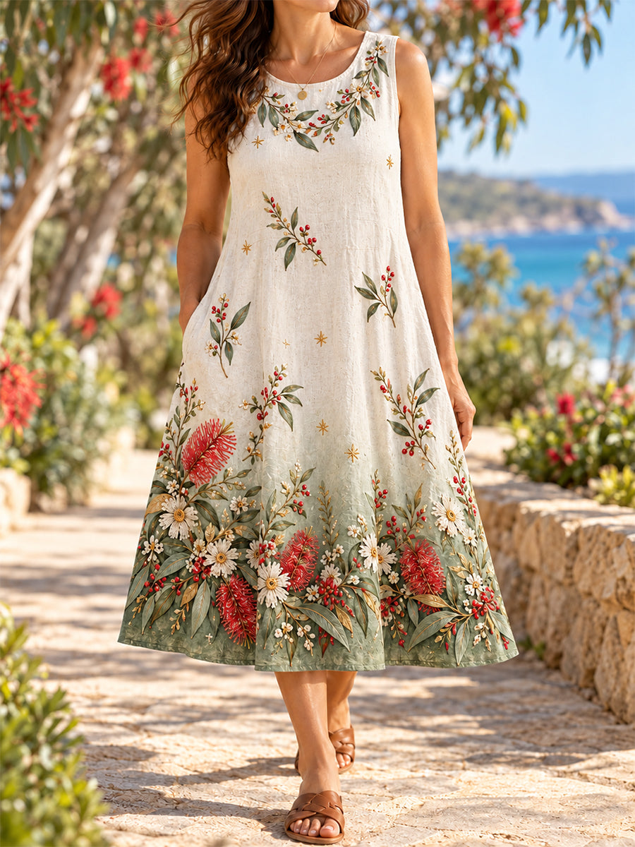 Women's Retro Australian Christmas Cotton-Linen Dress