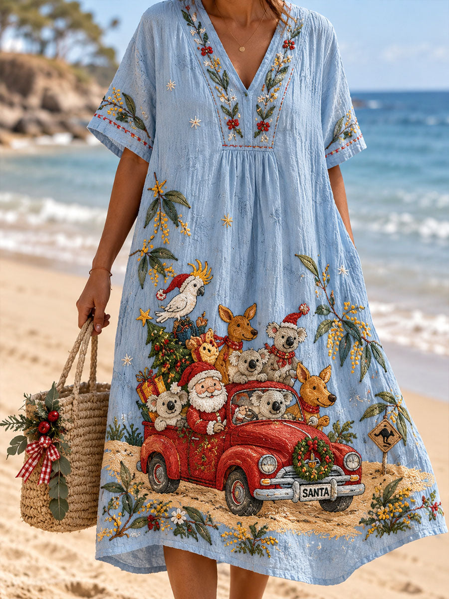 Women's Christmas printed short-sleeved V-neck dress