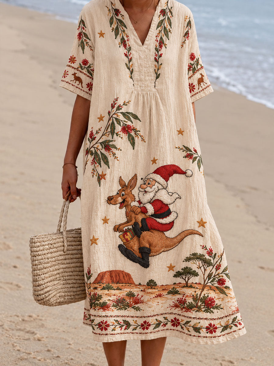 Women's Christmas printed short-sleeved V-neck dress