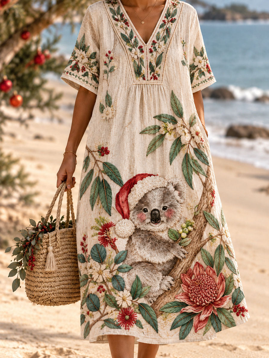 Women's Christmas printed short-sleeved V-neck dress