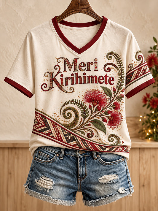 Women's NZ Christmas Maori Art Printed T-shirt