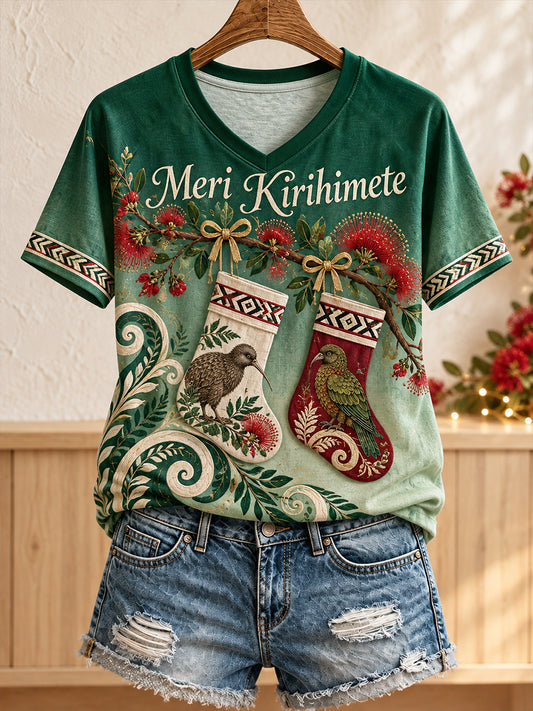 Women's NZ Christmas Maori Art Printed T-shirt