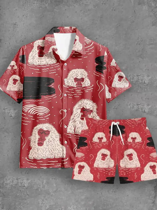 Unisex Casual Art Print Hawaiian Shirt Swim Trunks Two Piece Sets Red / S