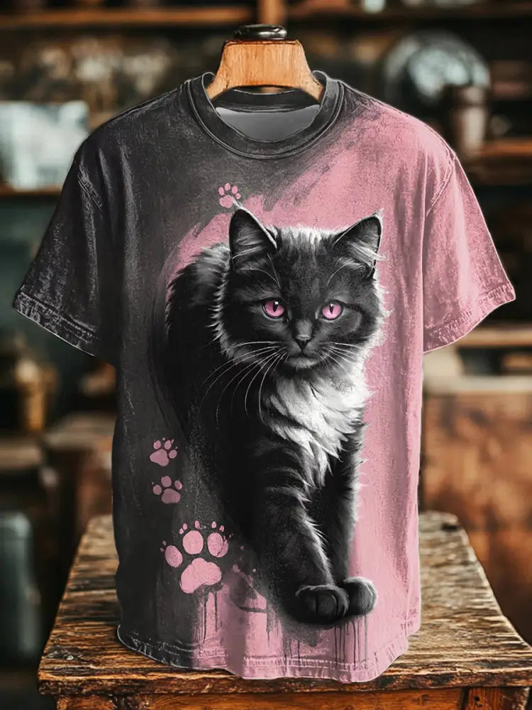 Unisex Cat Art Print Casual T-Shirt Pink / S Women’s Clothing