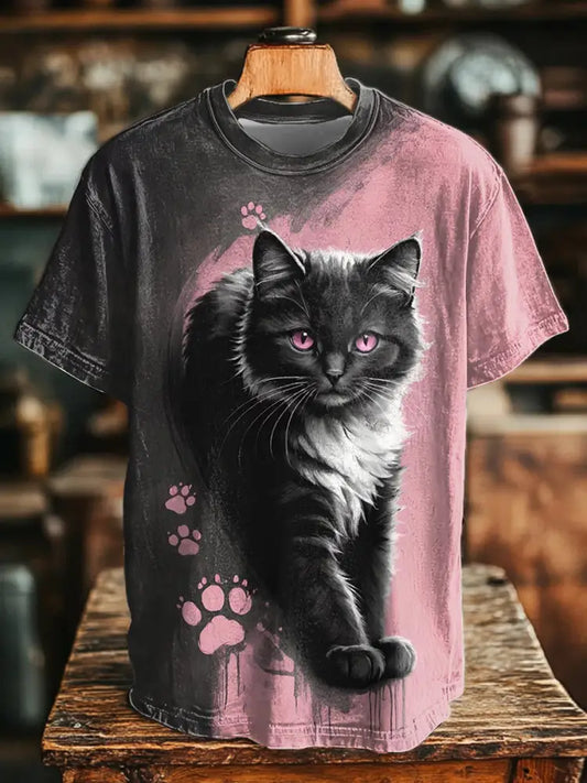 Unisex Cat Art Print Casual T-Shirt Pink / S Women’s Clothing