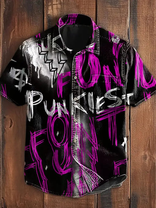 Unisex Retro Vintage Punk Punk Trend Hand Drawn Fonts Abstract Print Casual Upgraded Cotton Short Sleeve Pocket Shirt